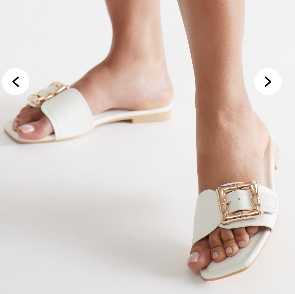 Fashion Nova White Square Toe Chunky Gold Buckle Summer Flat Heel Slide Sandals